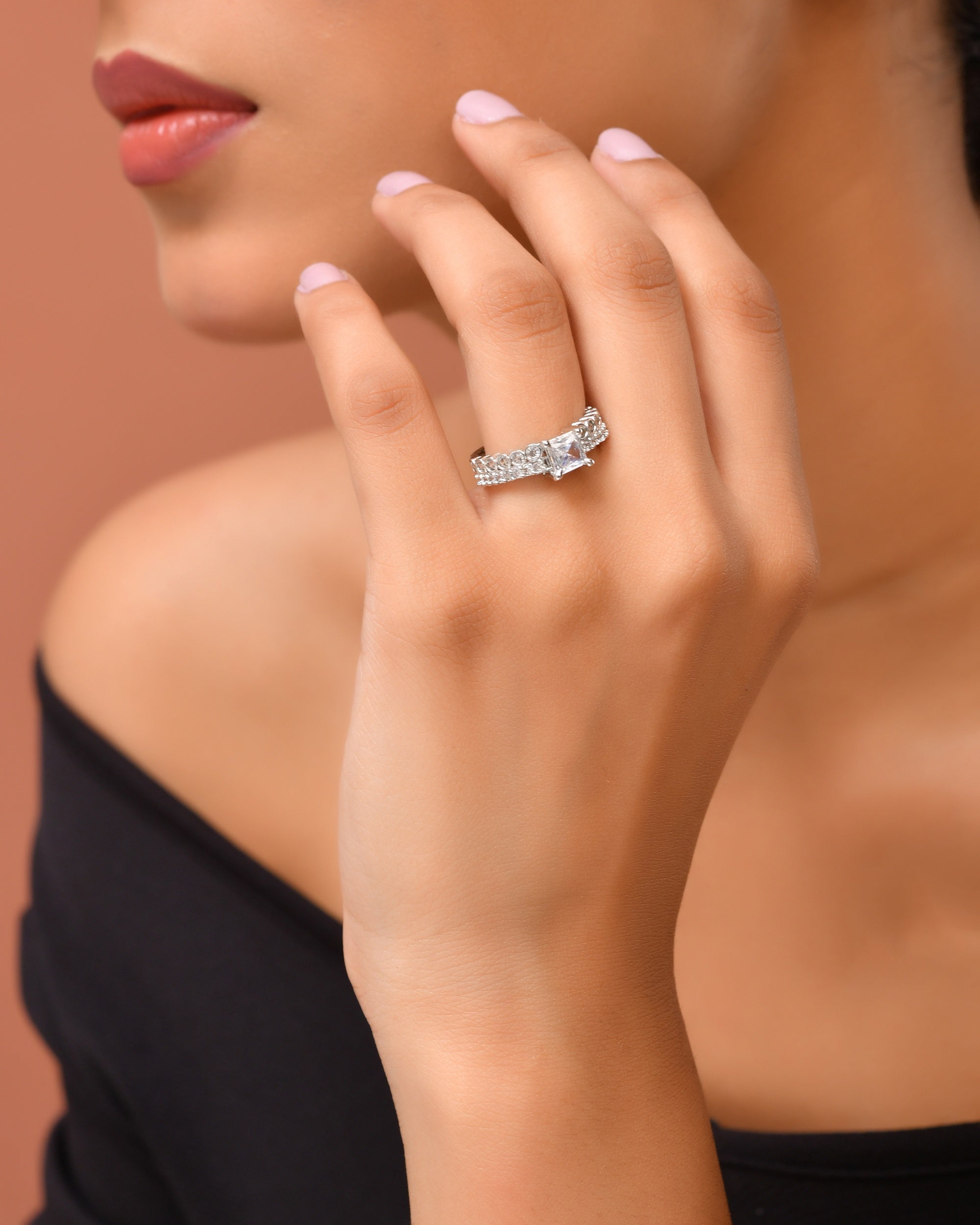 VOJ Silver Plated Cubic Zirconia Studded Finger Ring | Grocsy
