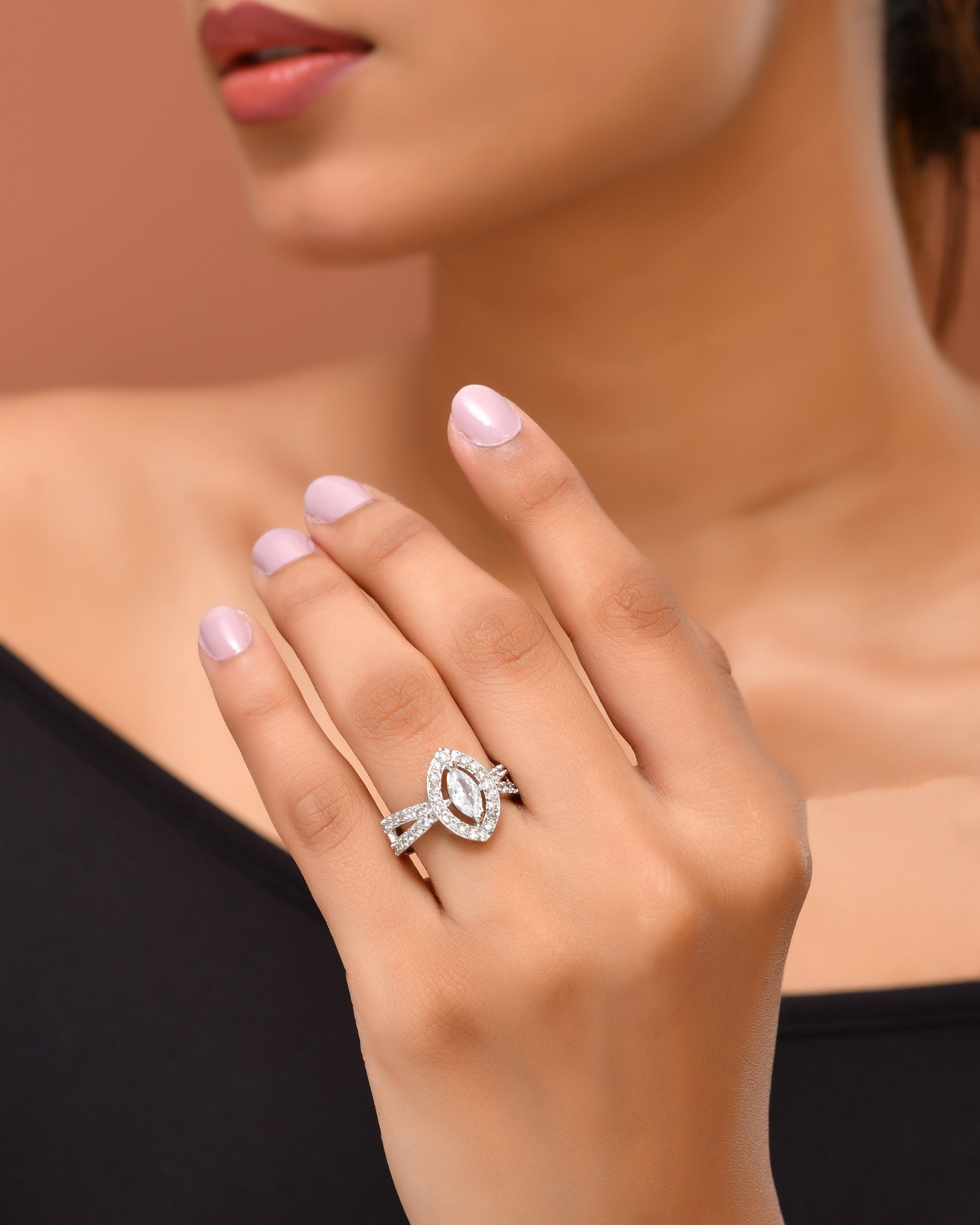 VOJ Silver-Plated Cubic Zirconia Studded Adjustable Finger Ring | Grocsy