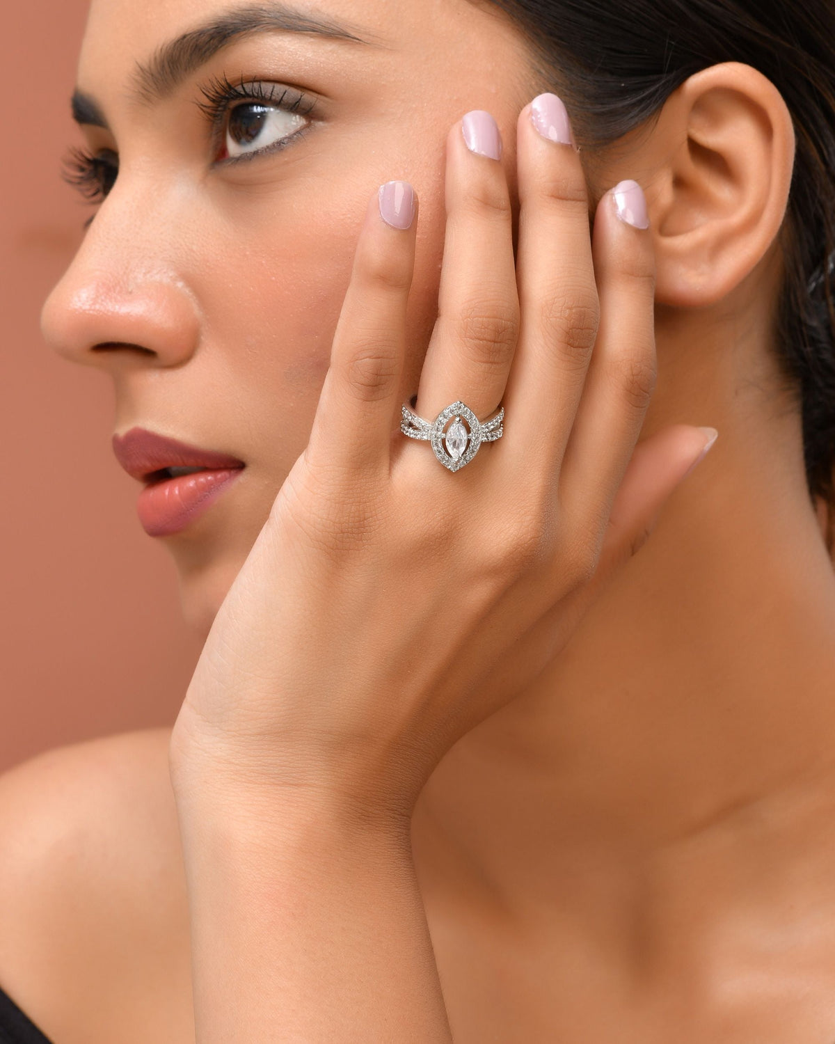 VOJ Silver-Plated Cubic Zirconia Studded Adjustable Finger Ring | Grocsy