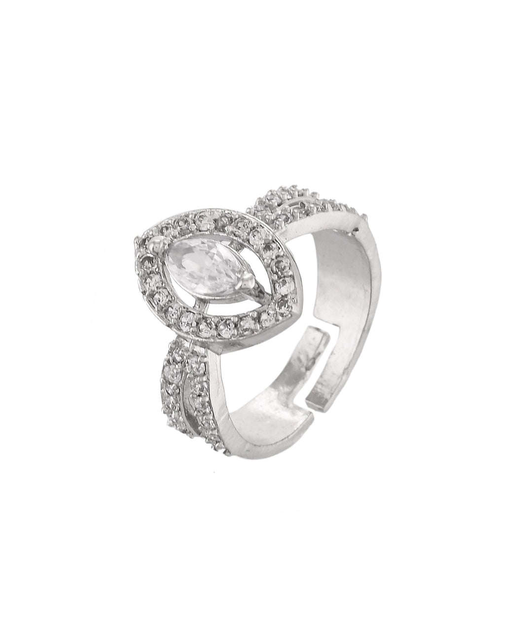 VOJ Silver-Plated Cubic Zirconia Studded Adjustable Finger Ring | Grocsy