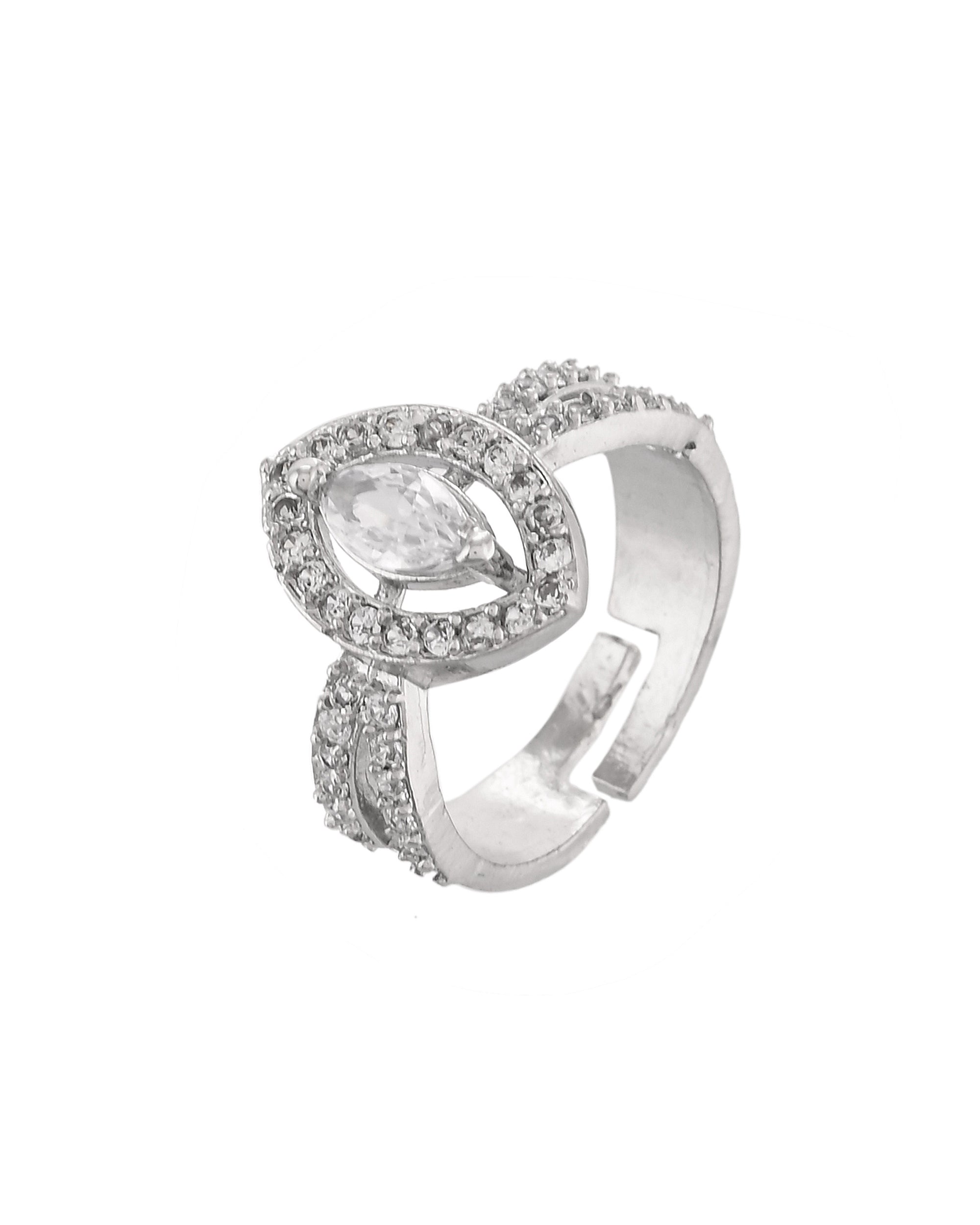 VOJ Silver-Plated Cubic Zirconia Studded Adjustable Finger Ring | Grocsy