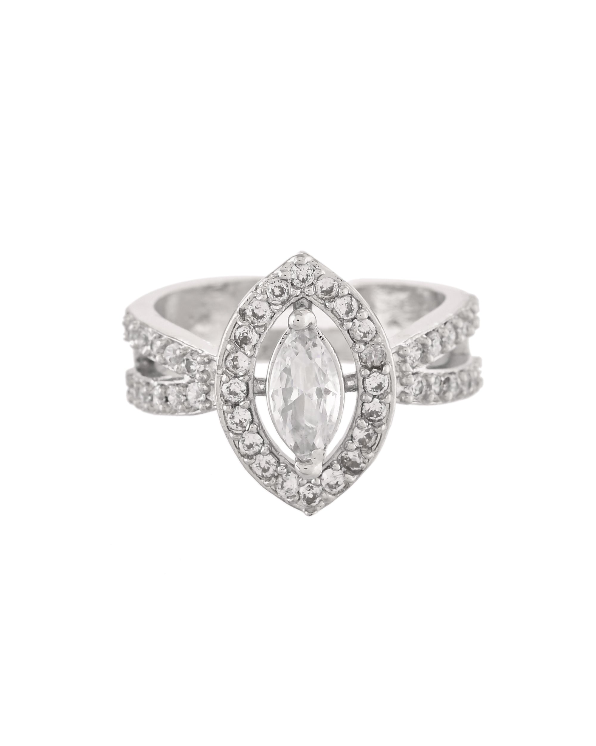 VOJ Silver-Plated Cubic Zirconia Studded Adjustable Finger Ring | Grocsy