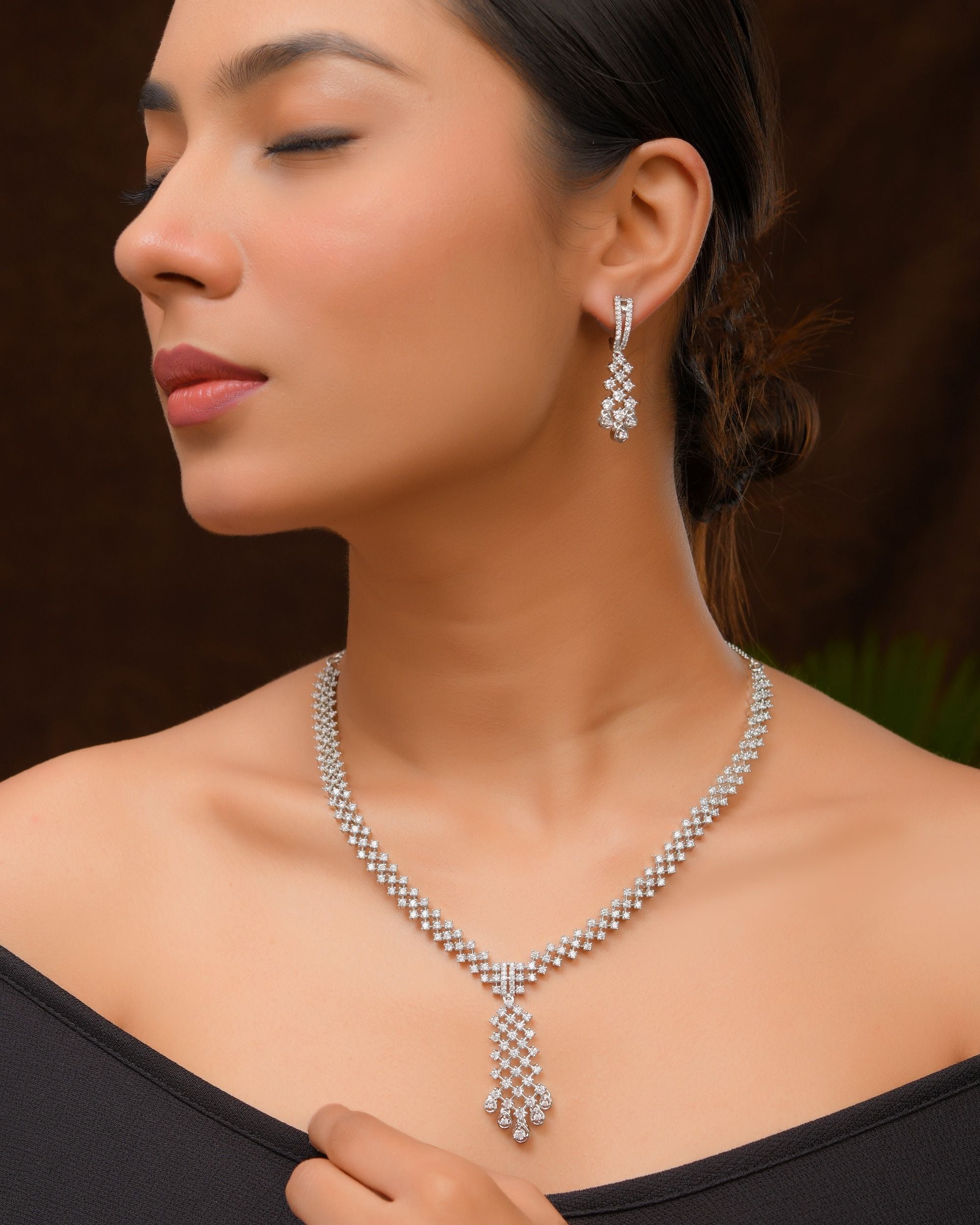 VOJ Silver Plated CZ- Stone Studded Designer Jewellery Set | Grocsy