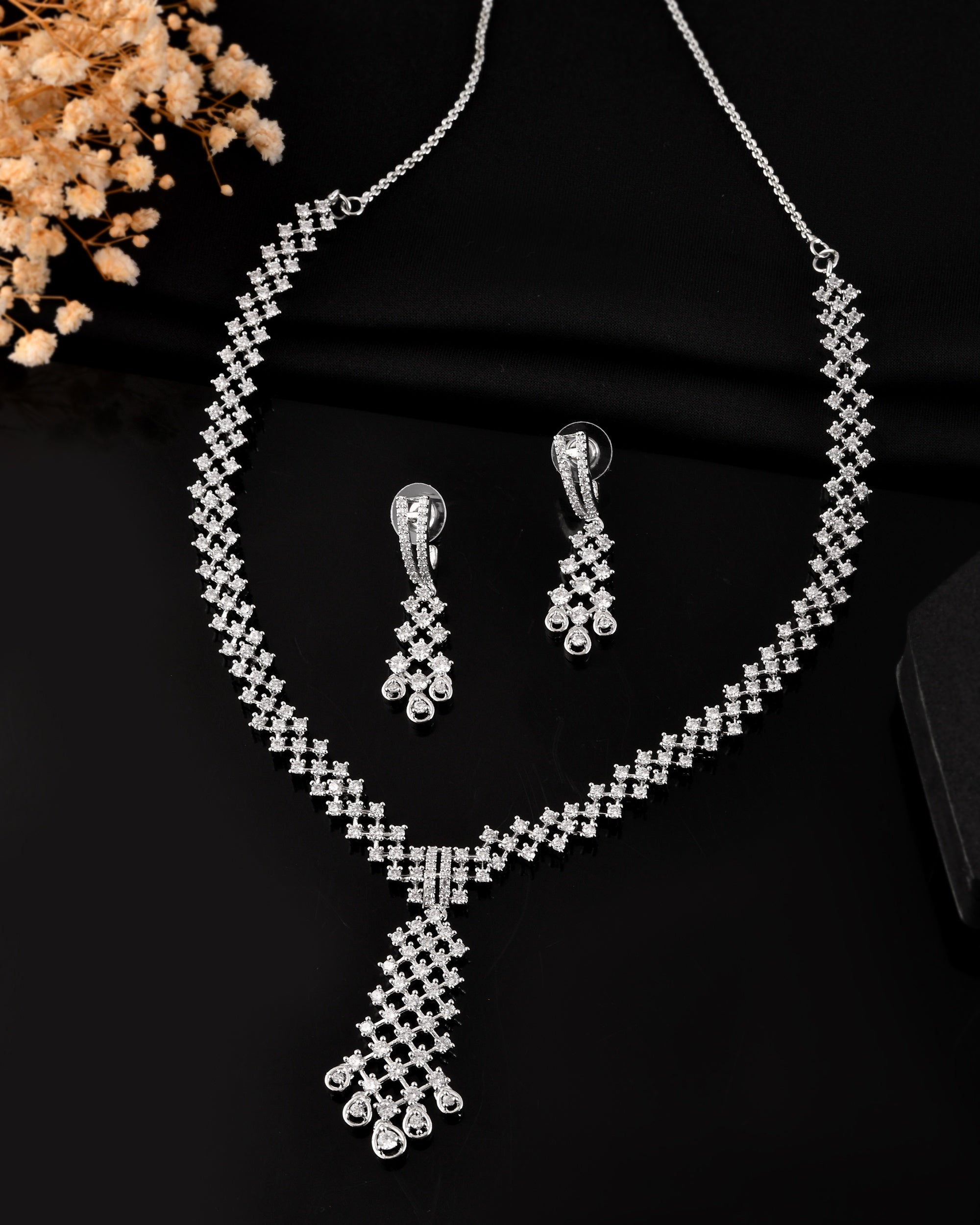 VOJ Silver Plated CZ- Stone Studded Designer Jewellery Set | Grocsy