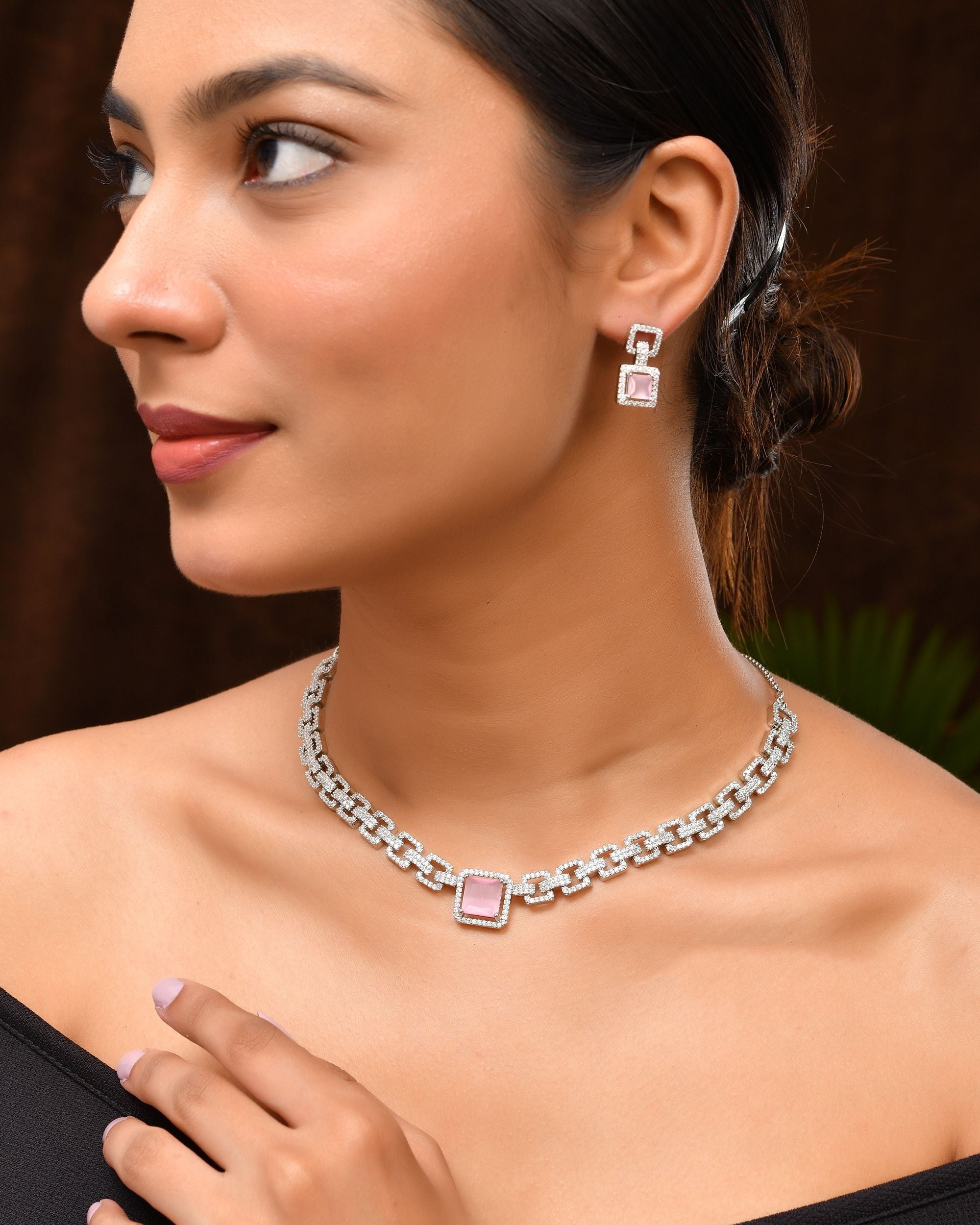 VOJ Silver Plated AD-Stone Studded Square Shaped Jewellery Set | Grocsy