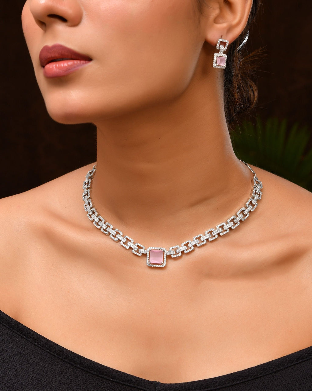VOJ Silver Plated AD-Stone Studded Square Shaped Jewellery Set | Grocsy