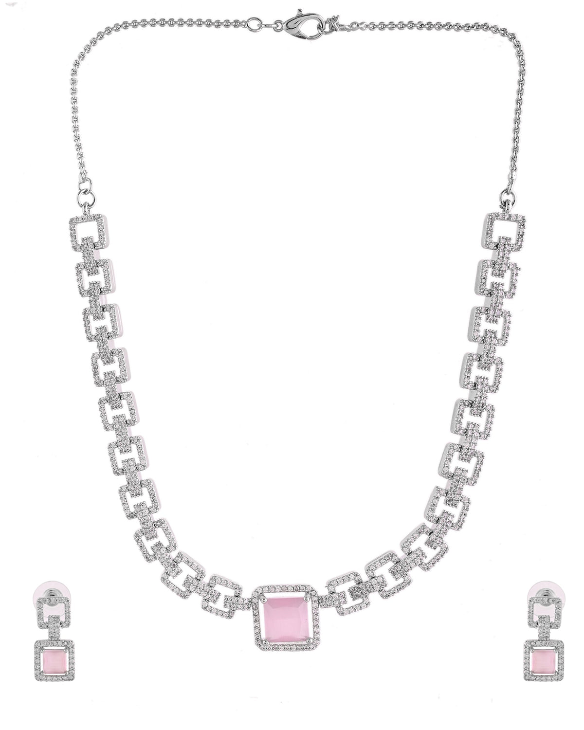 VOJ Silver Plated AD-Stone Studded Square Shaped Jewellery Set | Grocsy