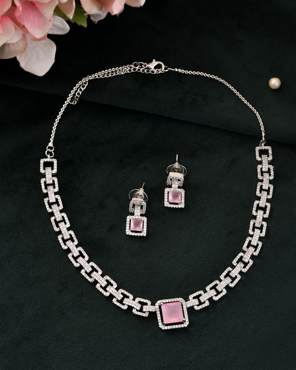 VOJ Silver Plated AD-Stone Studded Square Shaped Jewellery Set | Grocsy