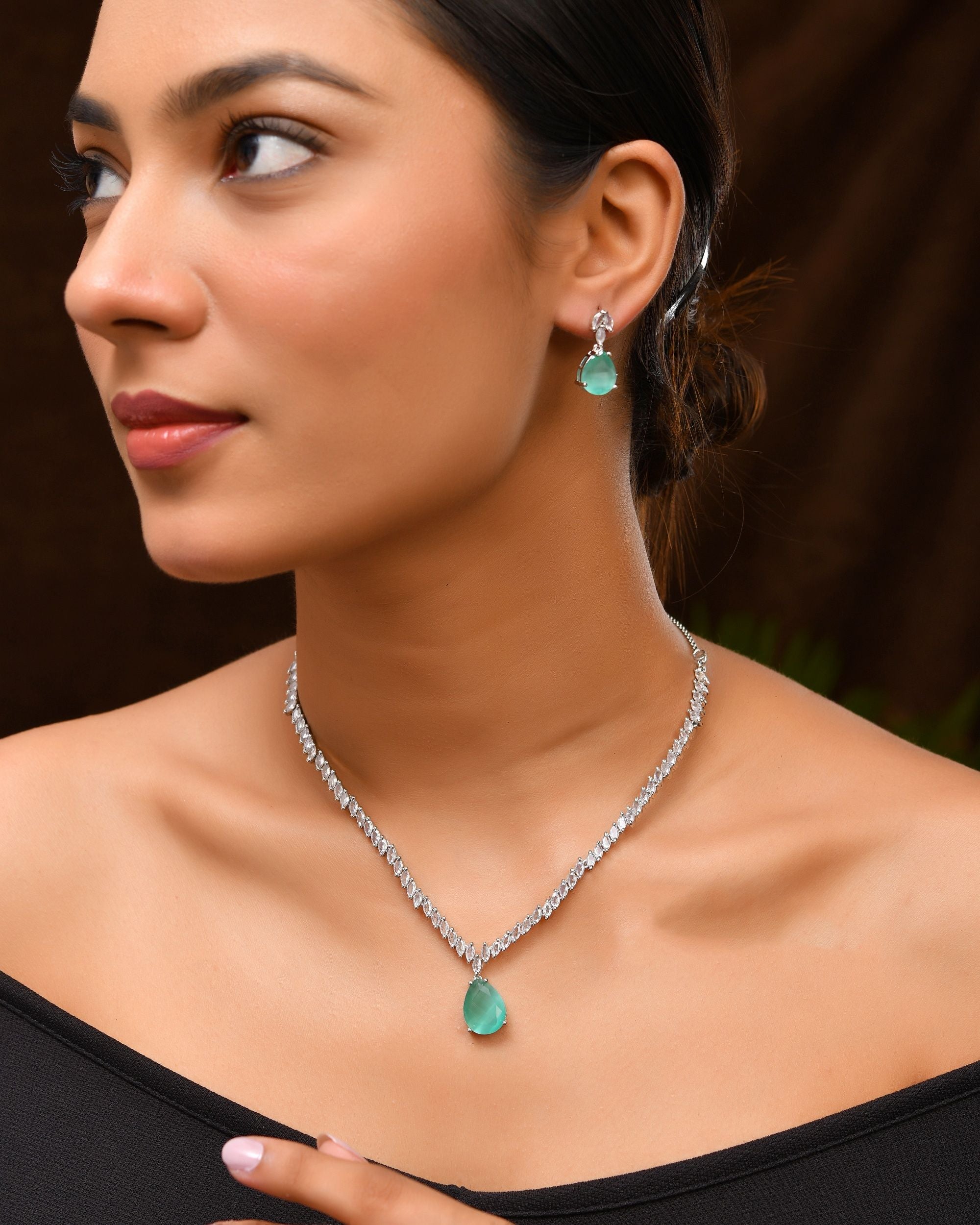 VOJ Silver Plated Sea Green Stone Studded Necklace Set | Grocsy