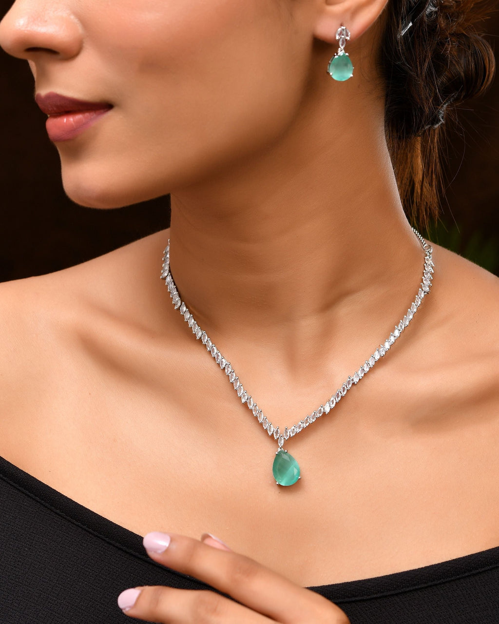 VOJ Silver Plated Sea Green Stone Studded Necklace Set | Grocsy