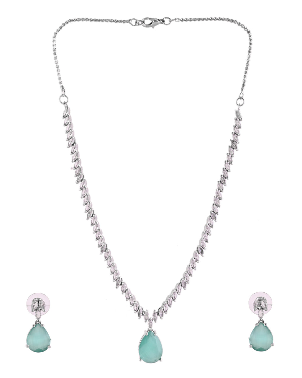 VOJ Silver Plated Sea Green Stone Studded Necklace Set | Grocsy