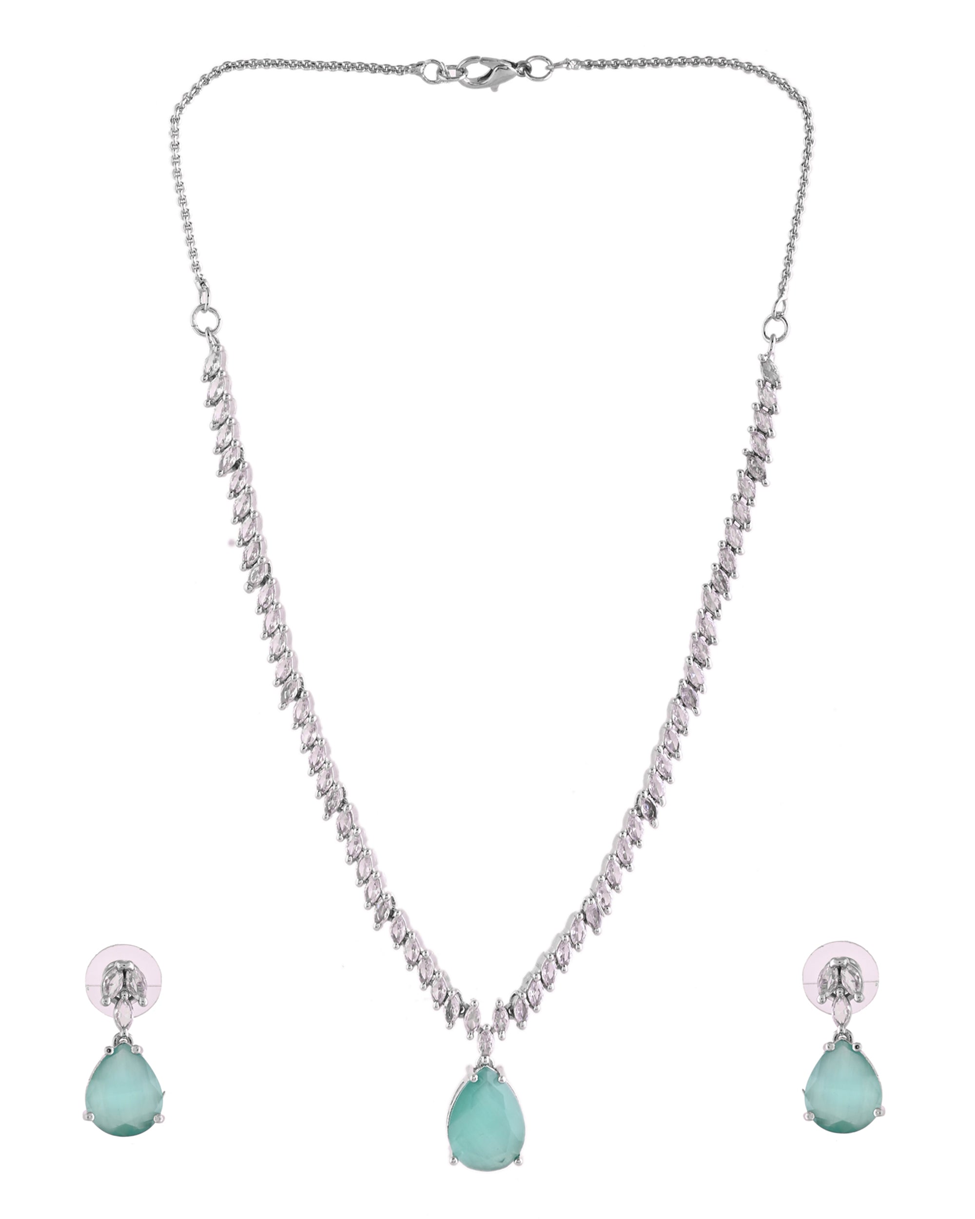 VOJ Silver Plated Sea Green Stone Studded Necklace Set | Grocsy