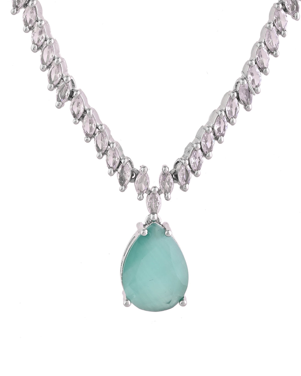 VOJ Silver Plated Sea Green Stone Studded Necklace Set | Grocsy