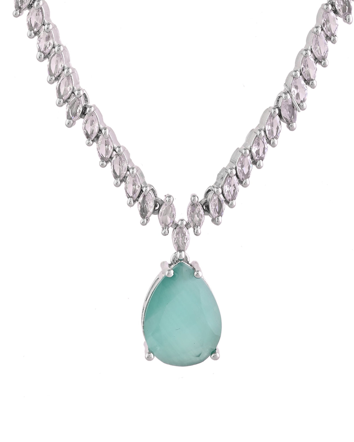 VOJ Silver Plated Sea Green Stone Studded Necklace Set | Grocsy