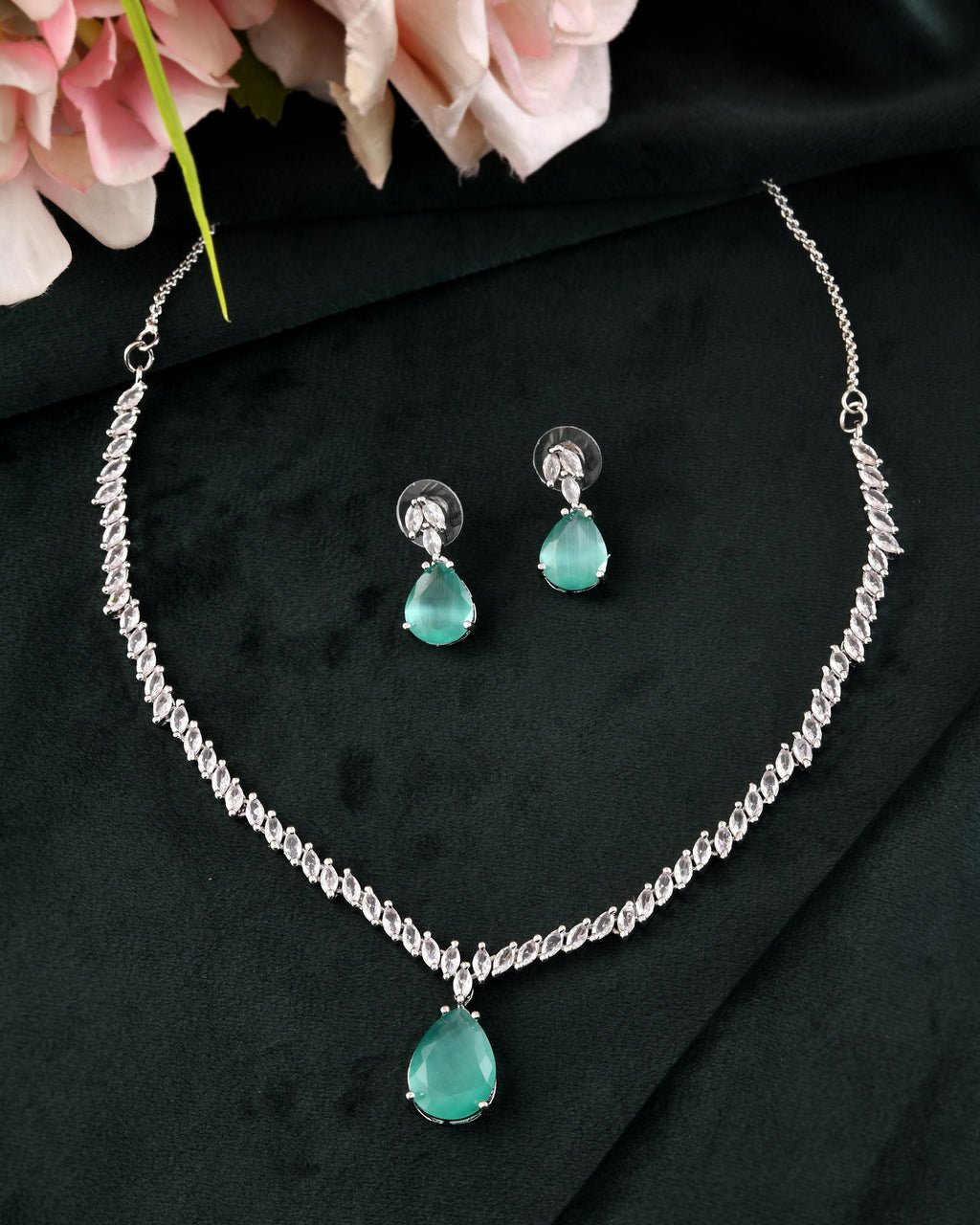 VOJ Silver Plated Sea Green Stone Studded Necklace Set | Grocsy