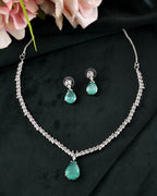 VOJ Silver Plated Sea Green Stone Studded Necklace Set | Grocsy