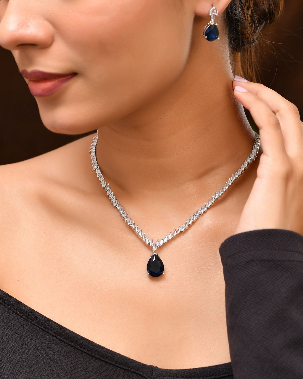VOJ Silver Plated Blue Stone Studded Necklace Set | Grocsy
