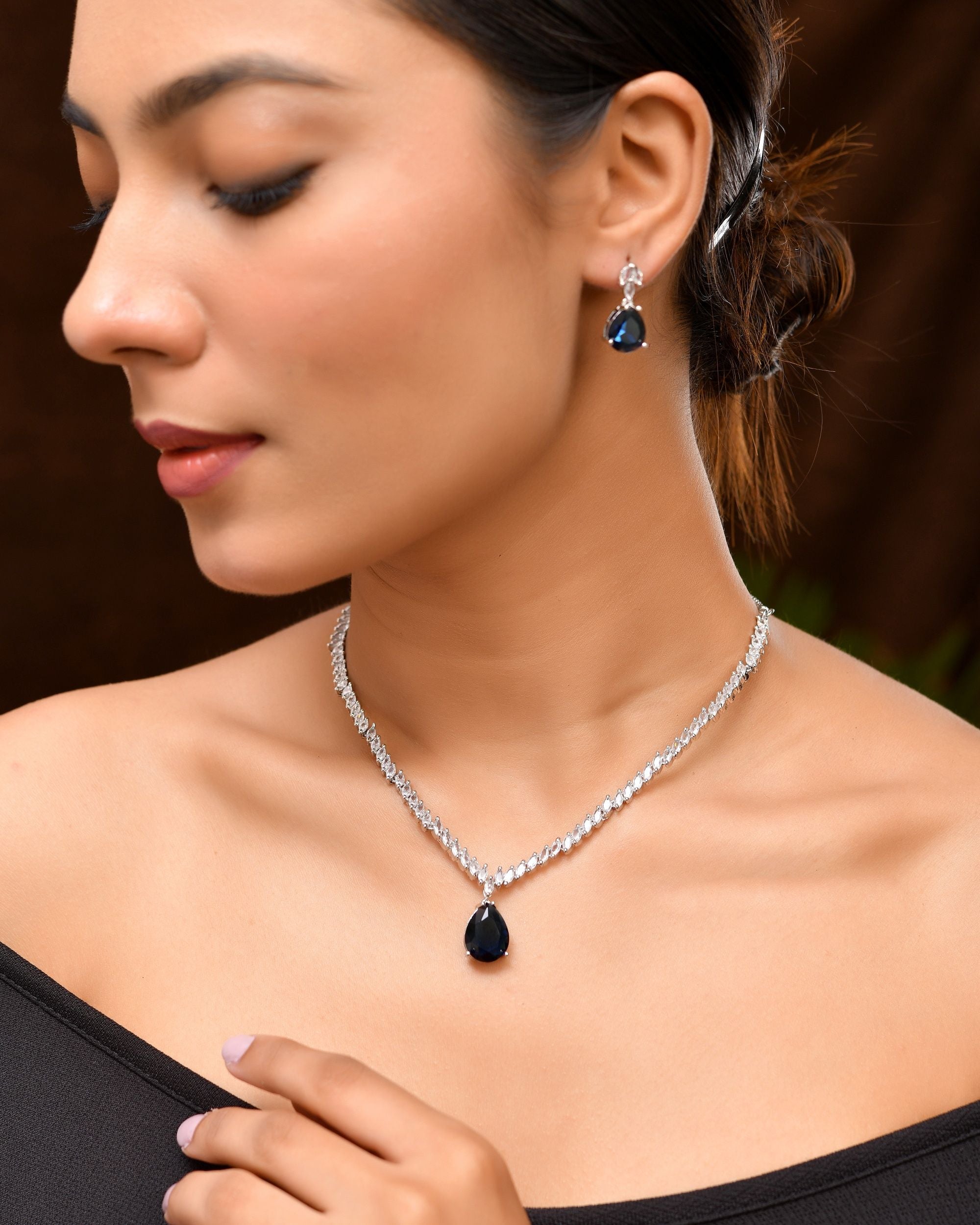 VOJ Silver Plated Blue Stone Studded Necklace Set | Grocsy