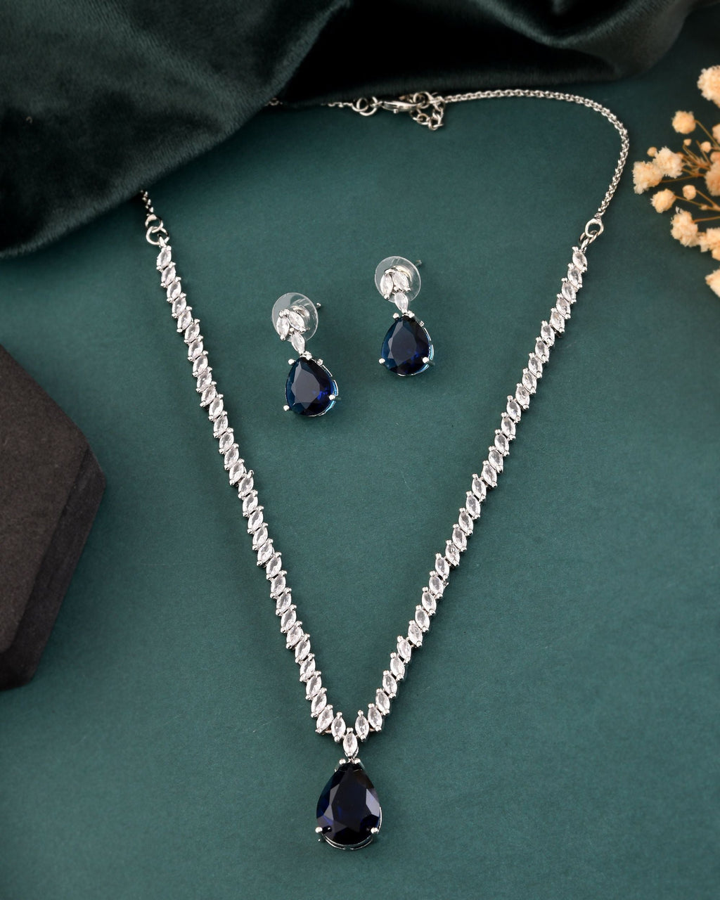 VOJ Silver Plated Blue Stone Studded Necklace Set | Grocsy