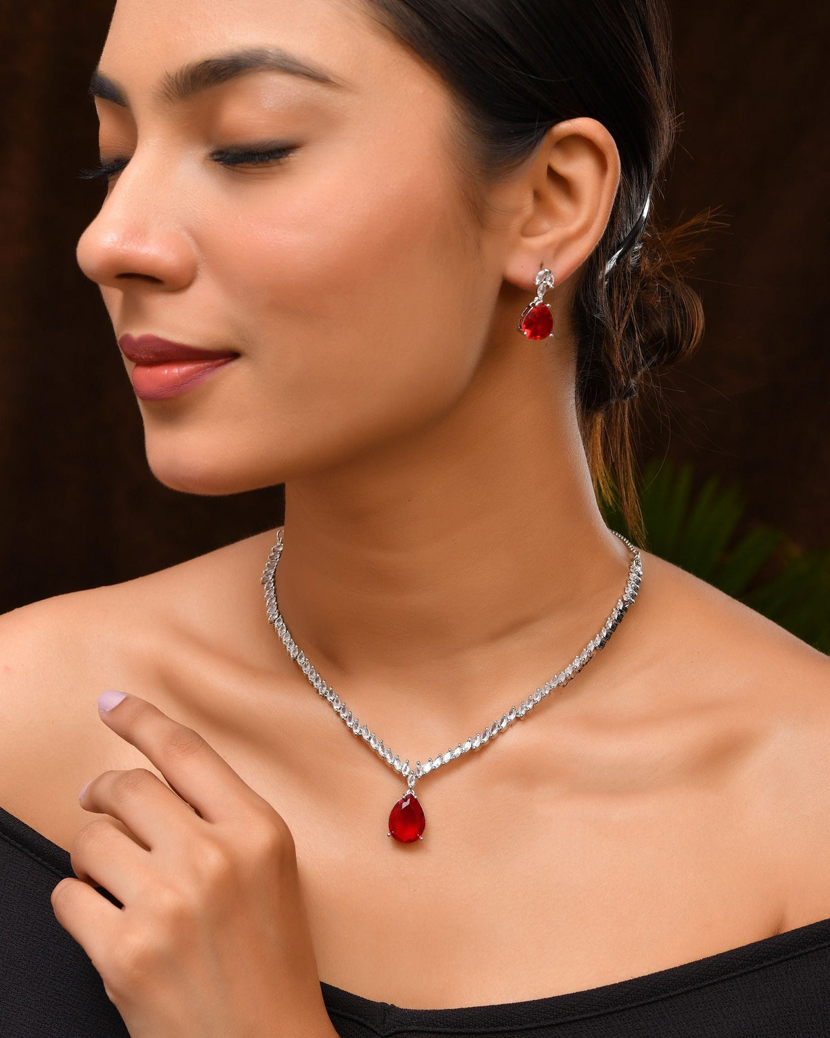 VOJ Silver Plated Red Stone Studded Necklace Set | Grocsy