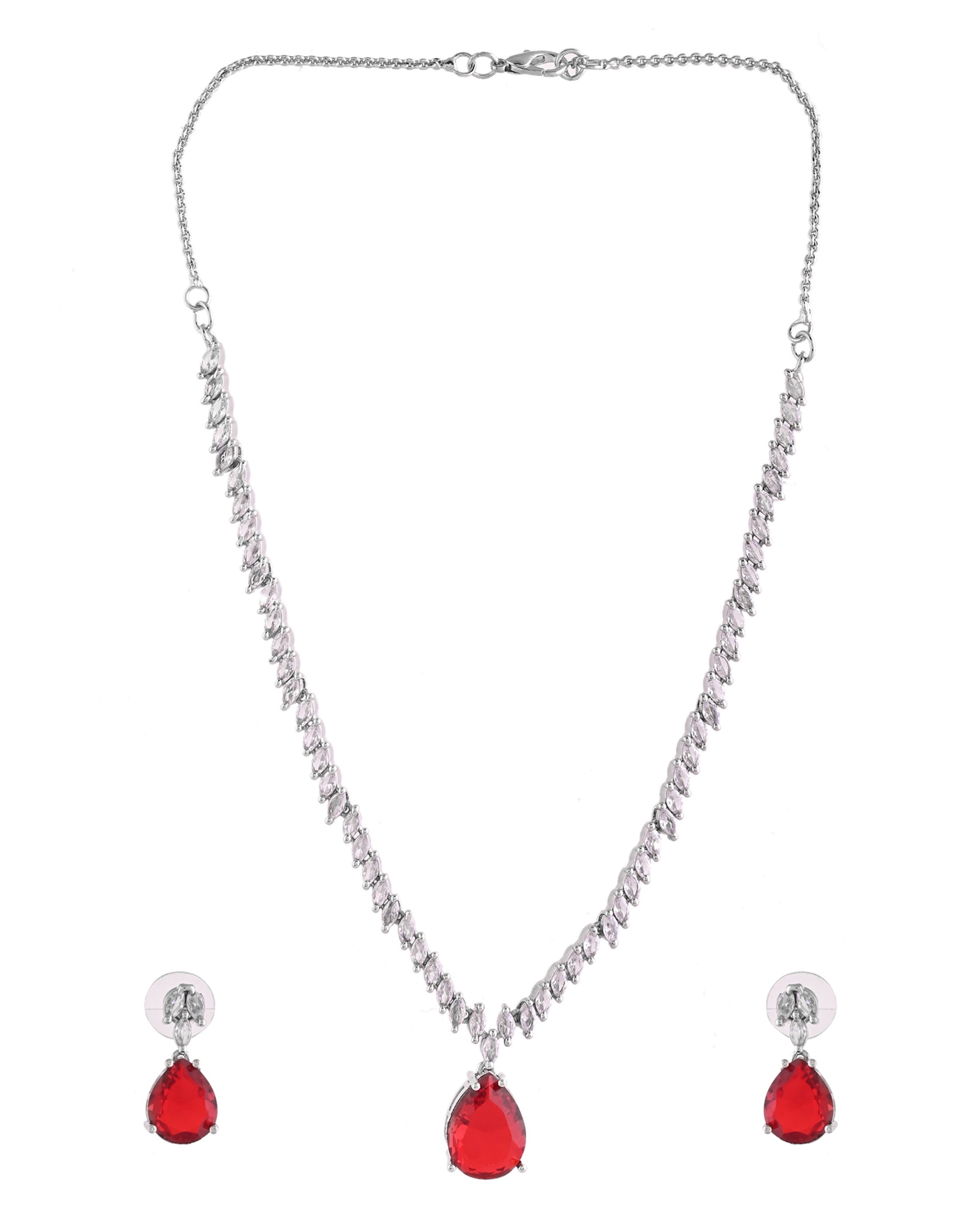 VOJ Silver Plated Red Stone Studded Necklace Set | Grocsy