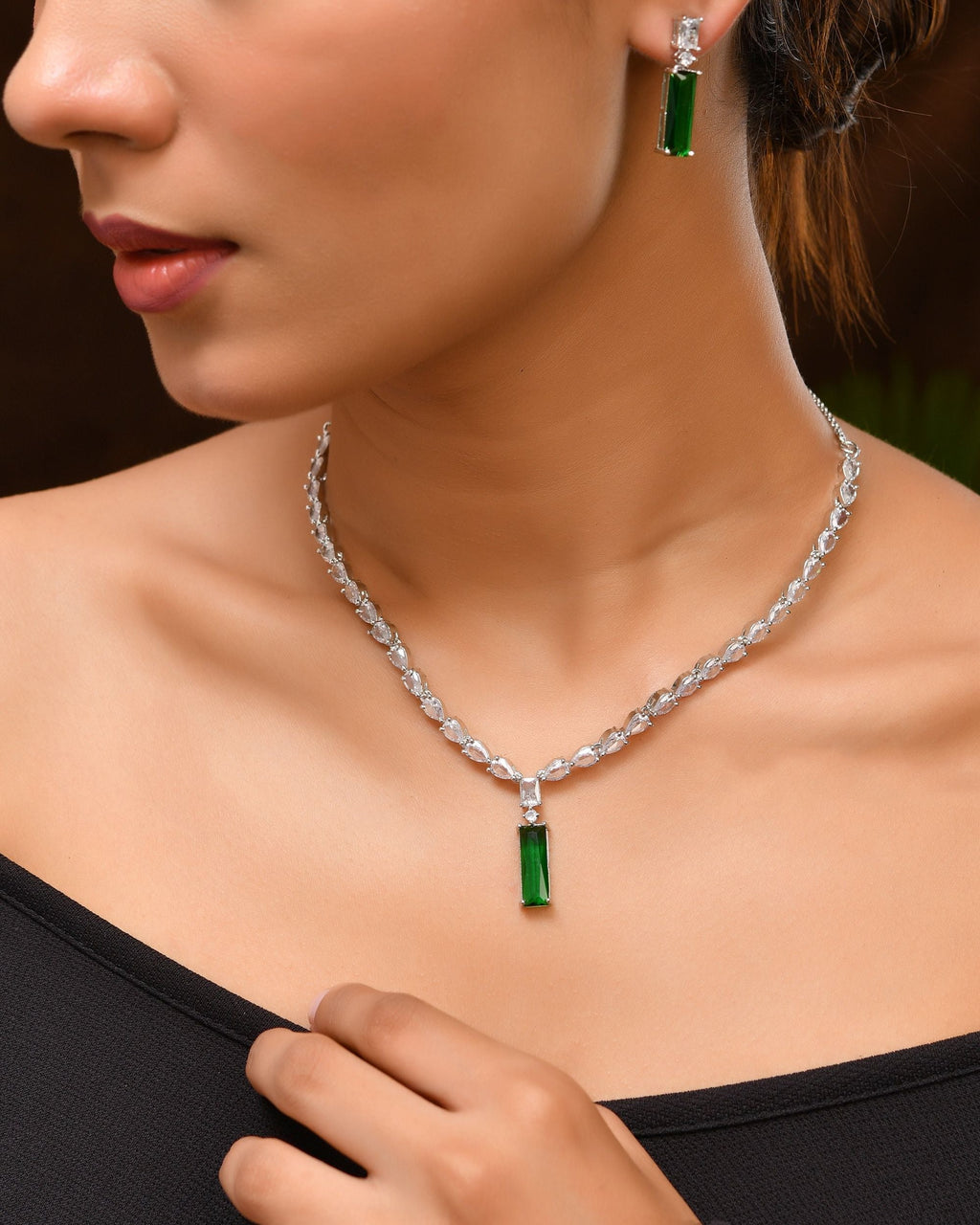 VOJ Silver Plated Green Stone Studded Necklace Set | Grocsy
