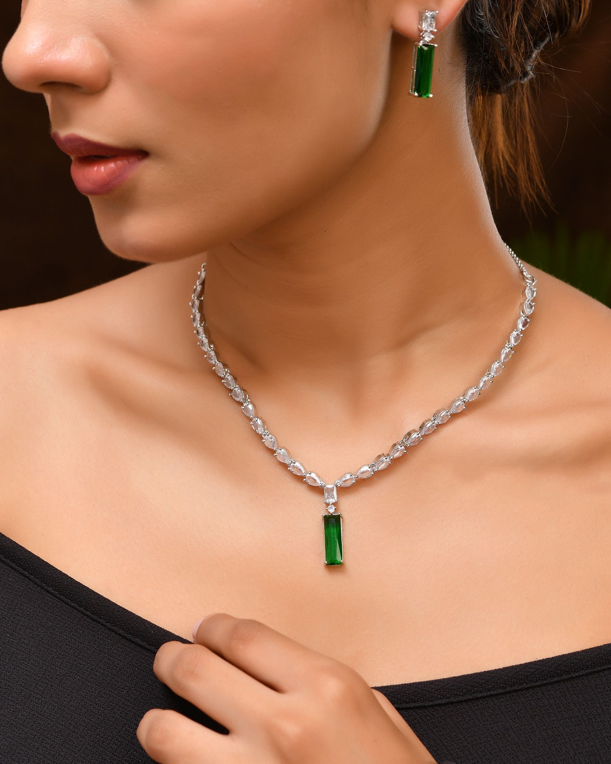 VOJ Silver Plated Green Stone Studded Necklace Set | Grocsy