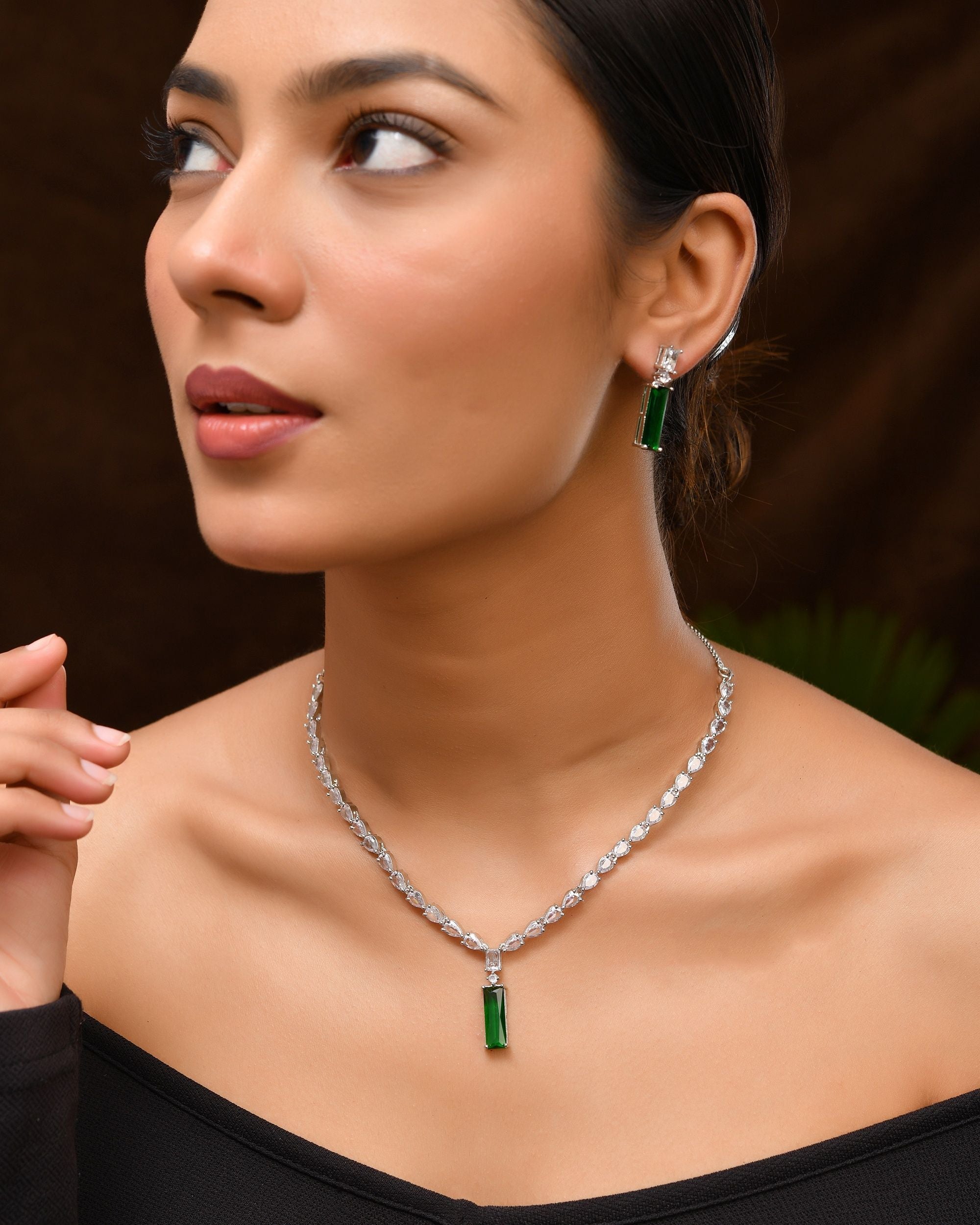 VOJ Silver Plated Green Stone Studded Necklace Set | Grocsy
