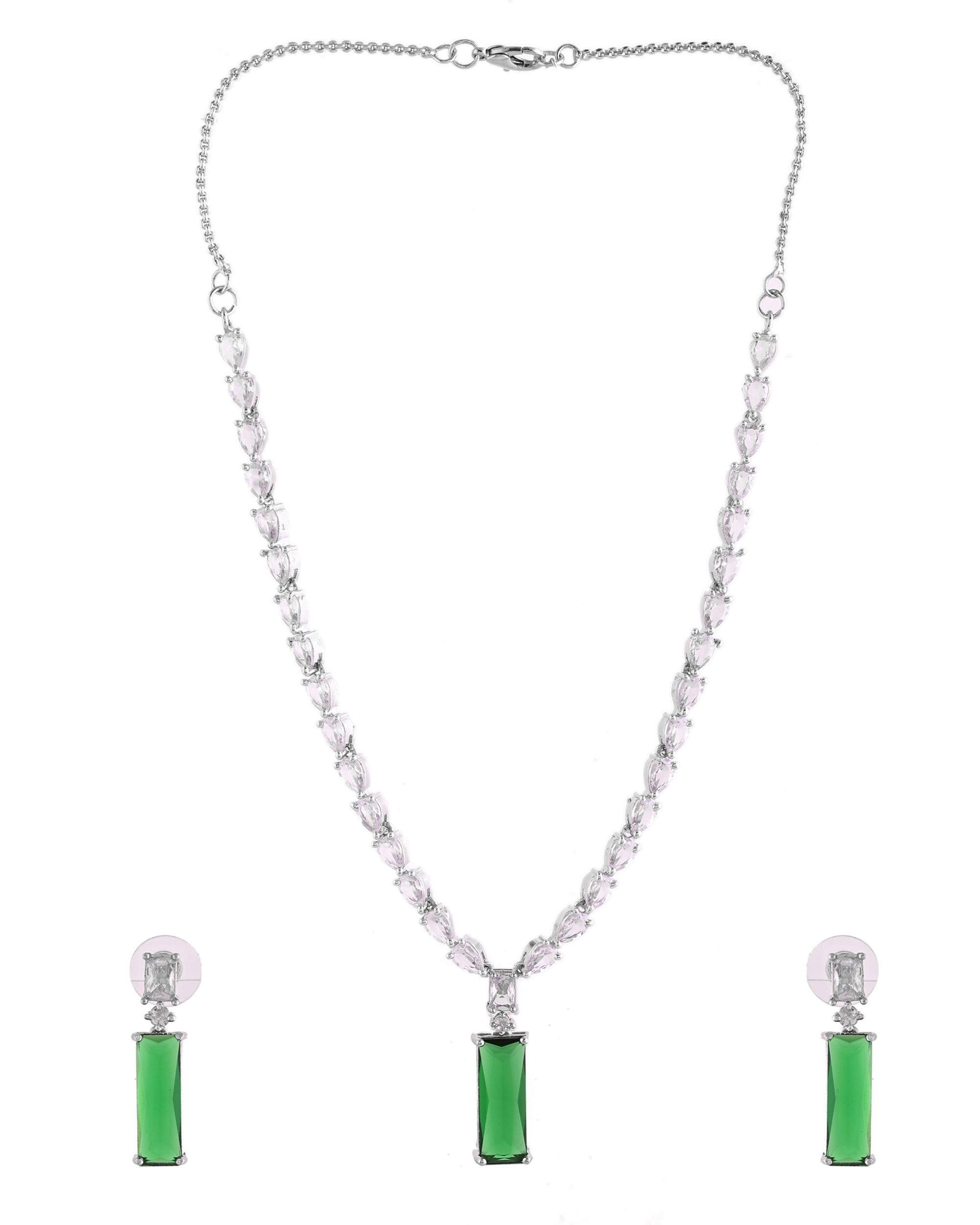 VOJ Silver Plated Green Stone Studded Necklace Set | Grocsy