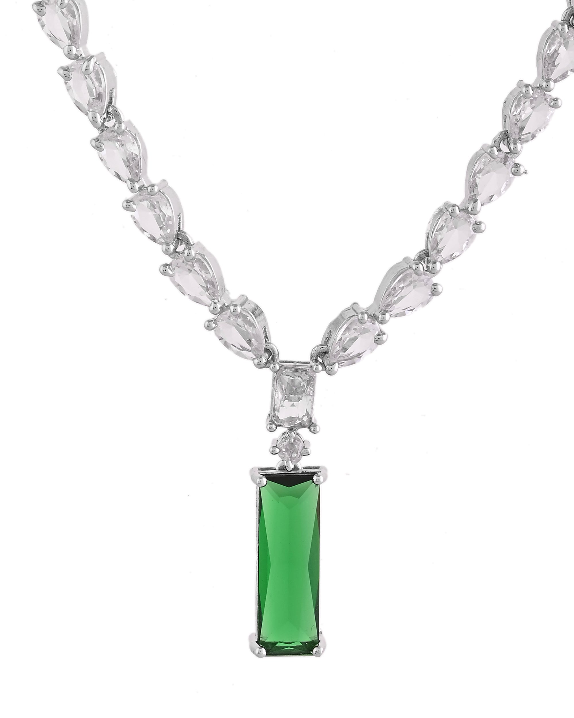VOJ Silver Plated Green Stone Studded Necklace Set | Grocsy