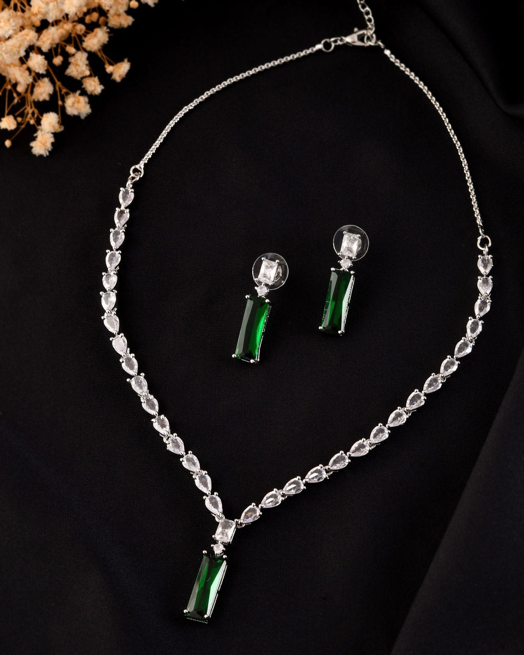 VOJ Silver Plated Green Stone Studded Necklace Set | Grocsy