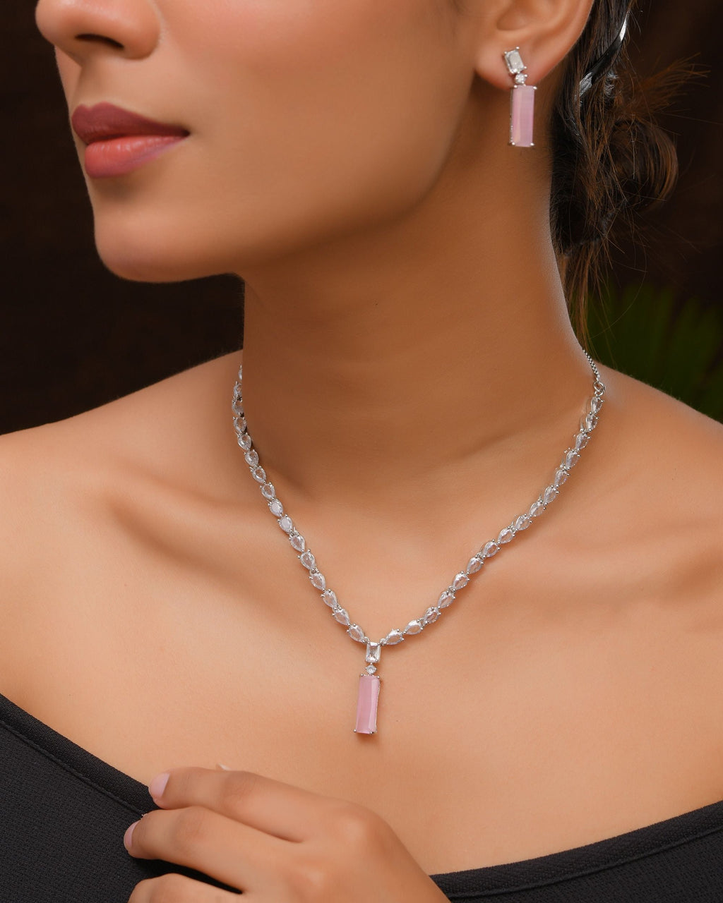 VOJ Silver Plated Baby Pink Stone Studded Necklace Set | Grocsy