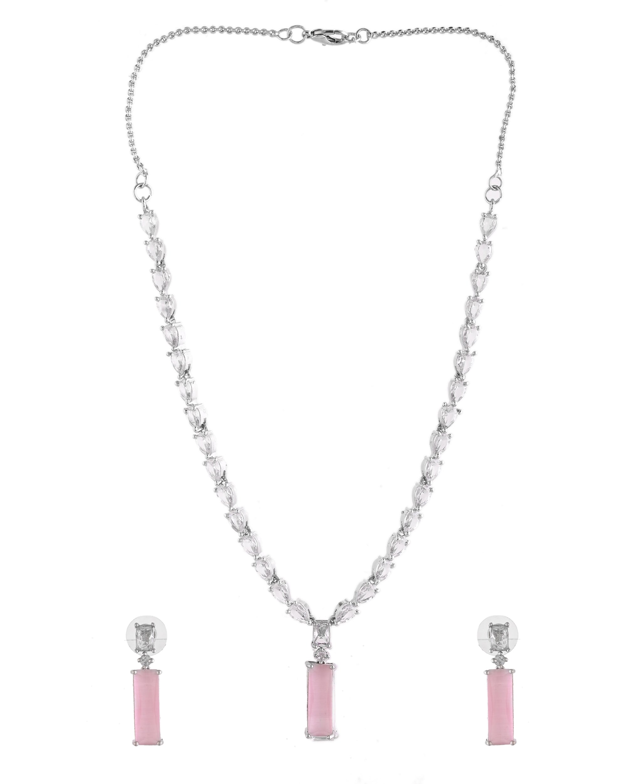 VOJ Silver Plated Baby Pink Stone Studded Necklace Set | Grocsy