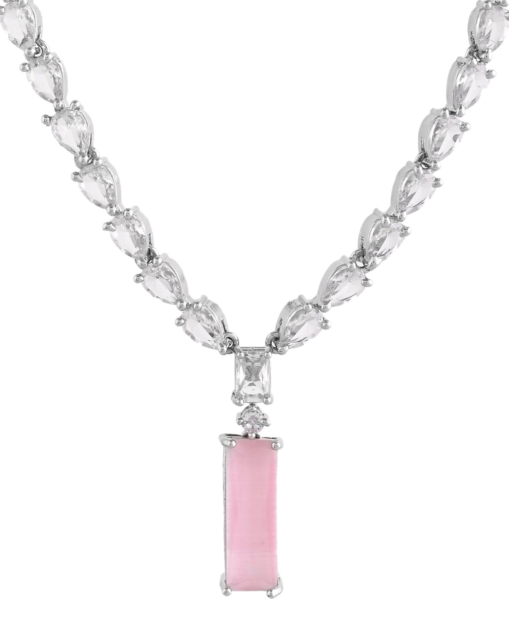 VOJ Silver Plated Baby Pink Stone Studded Necklace Set | Grocsy