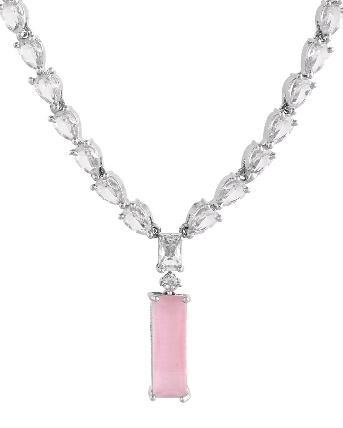 VOJ Silver Plated Baby Pink Stone Studded Necklace Set | Grocsy