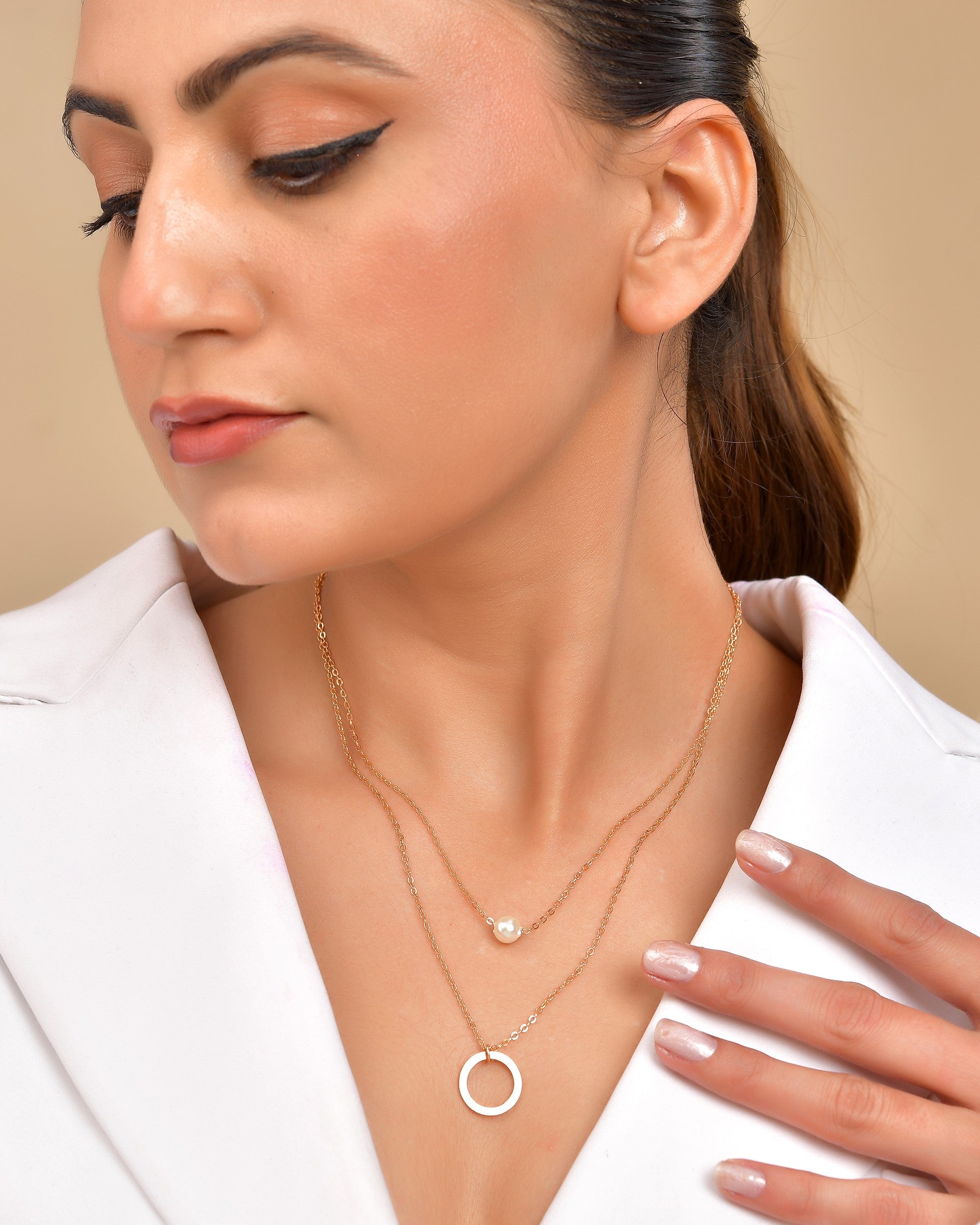 VOJ Gold Polished Multi Layer Pearl Studded Designer Chain | Grocsy