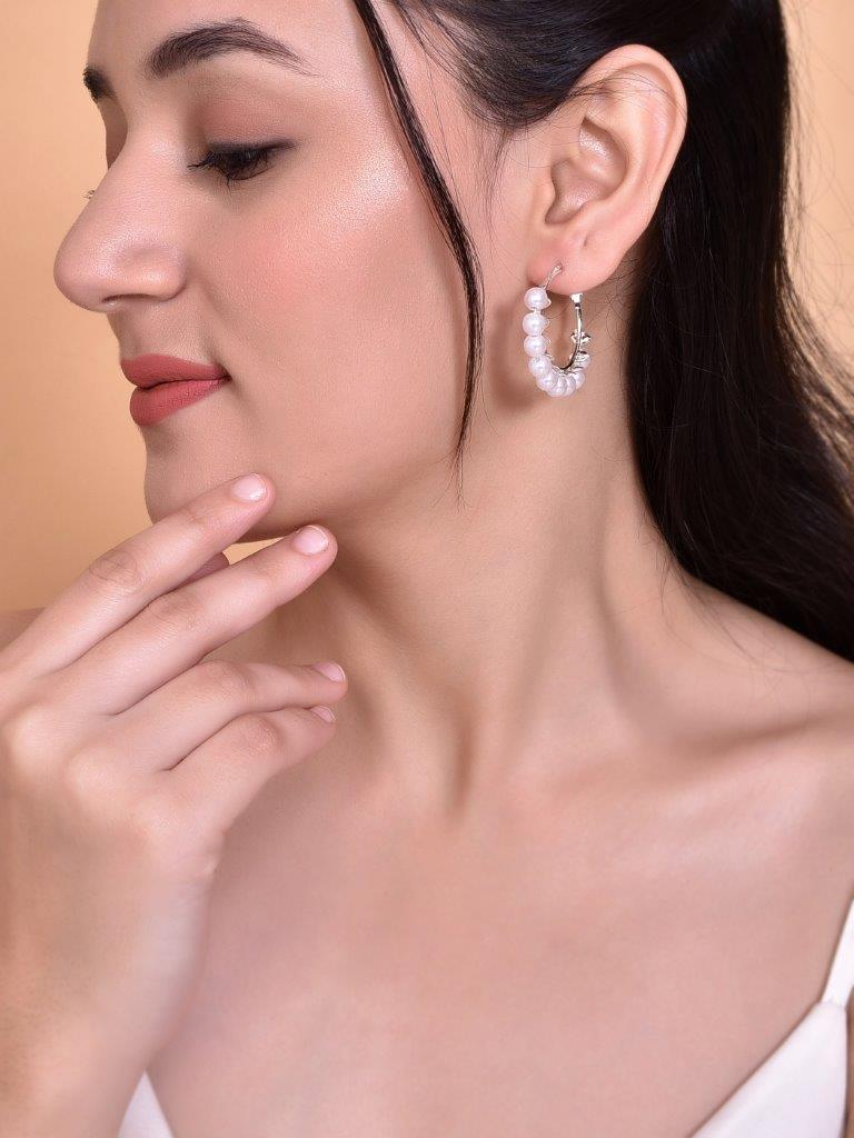 VOJ White Pearl Silver Plated Hoops Earrings | Grocsy