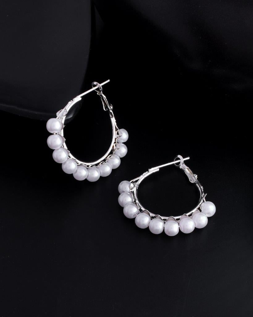 VOJ White Pearl Silver Plated Hoops Earrings | Grocsy