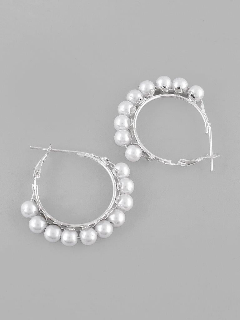 VOJ White Pearl Silver Plated Hoops Earrings | Grocsy