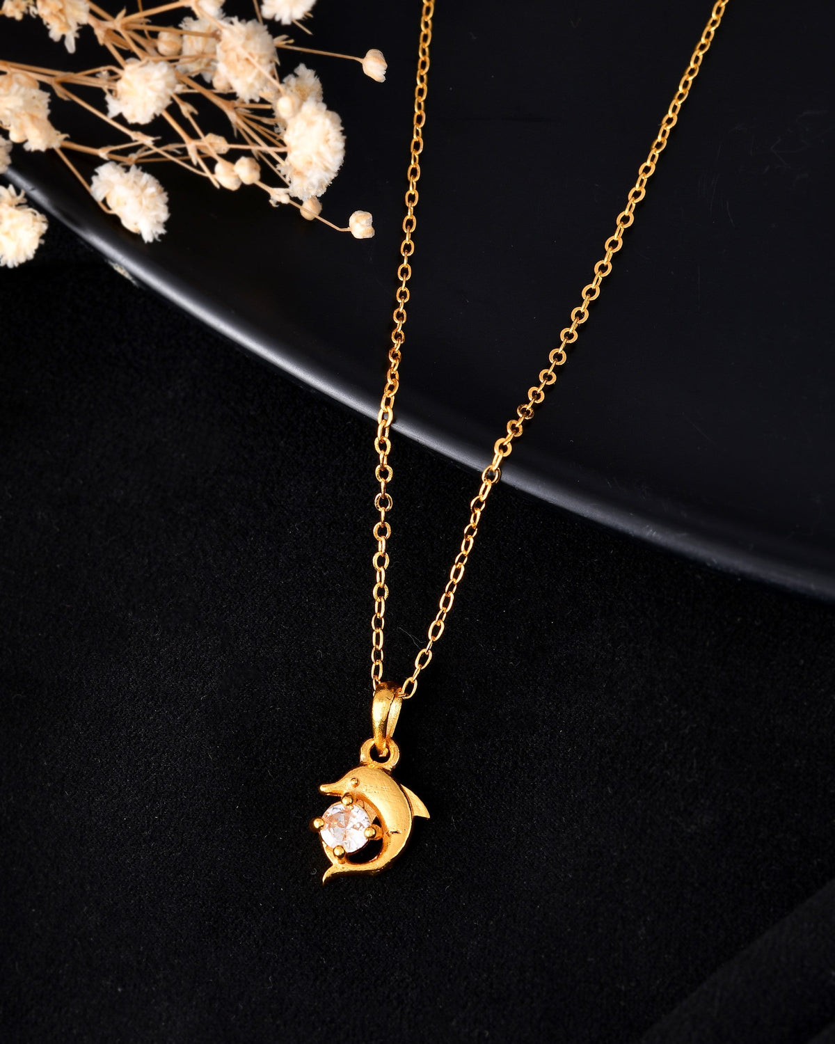 VOJ Gold Polished Chain With Fish Shaped Stone Studded Pendant | Grocsy