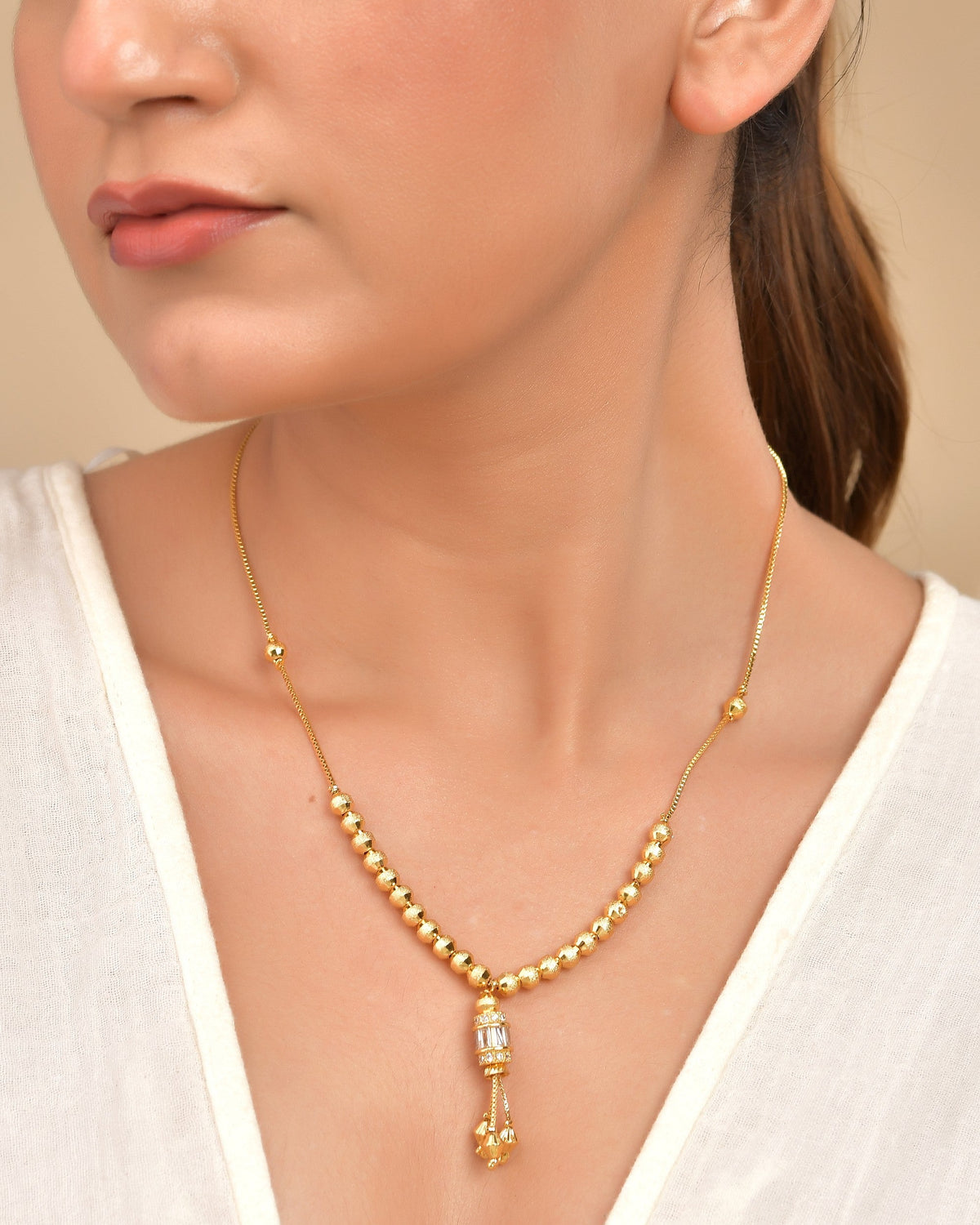 VOJ Rose Gold Polished Ad Studded Round Pendant With Chain | Grocsy