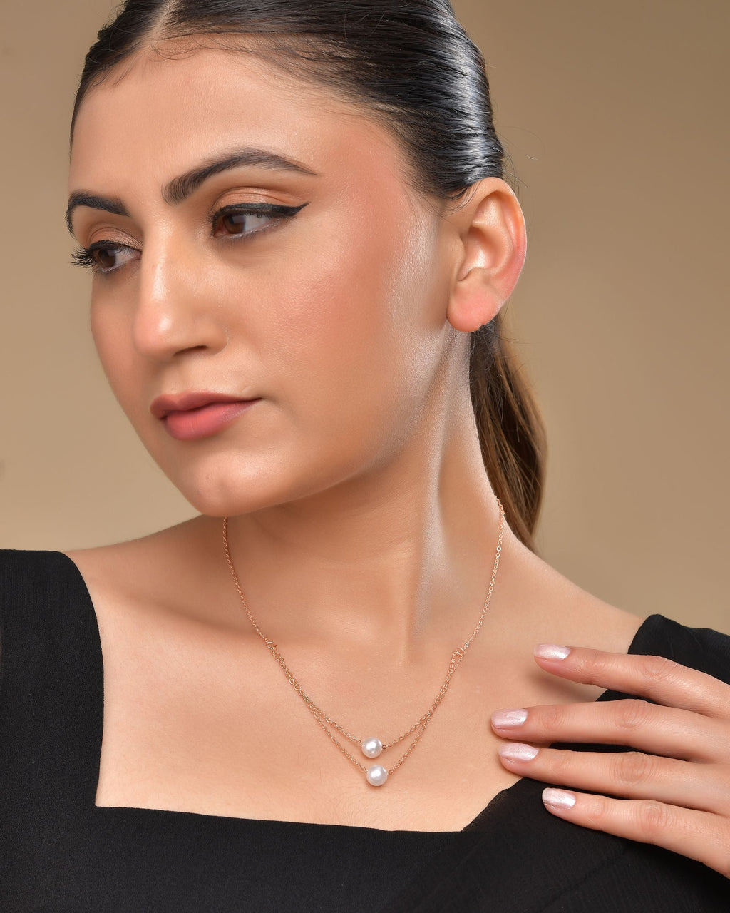 VOJ Gold Polished Pearl Studded Multi Layer Chain | Grocsy