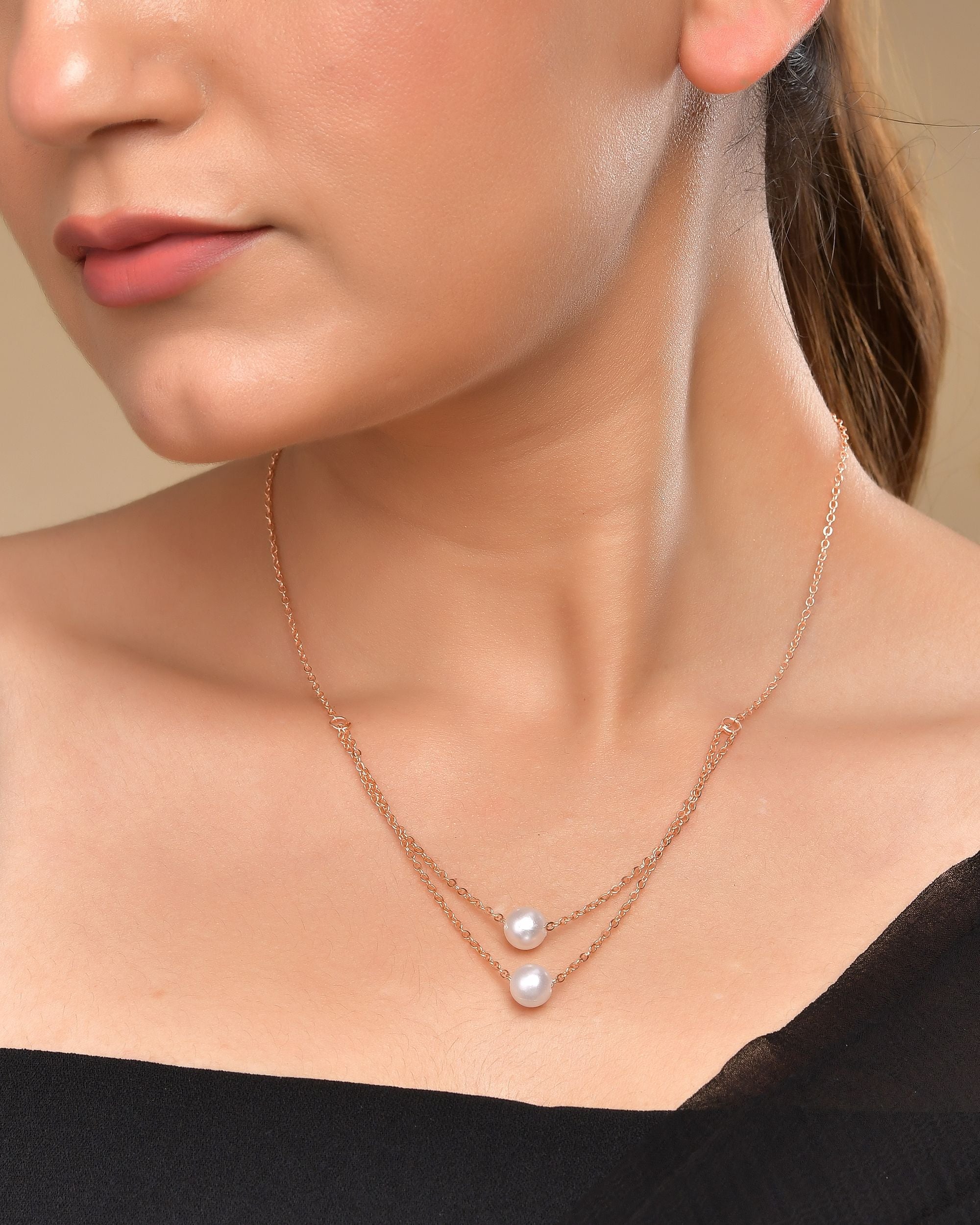 VOJ Gold Polished Pearl Studded Multi Layer Chain | Grocsy