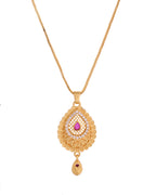 VOJ Gold Polished Teardrop Shaped Pendant With Chain Set | Grocsy