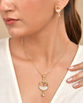 VOJ Gold Polished Circular Pendant With Chain And Earrings Set | Grocsy