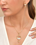 VOJ Gold Polished Circular Pendant With Chain And Earrings Set | Grocsy