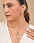 VOJ Gold Polished Circular Pendant With Chain And Earrings Set | Grocsy