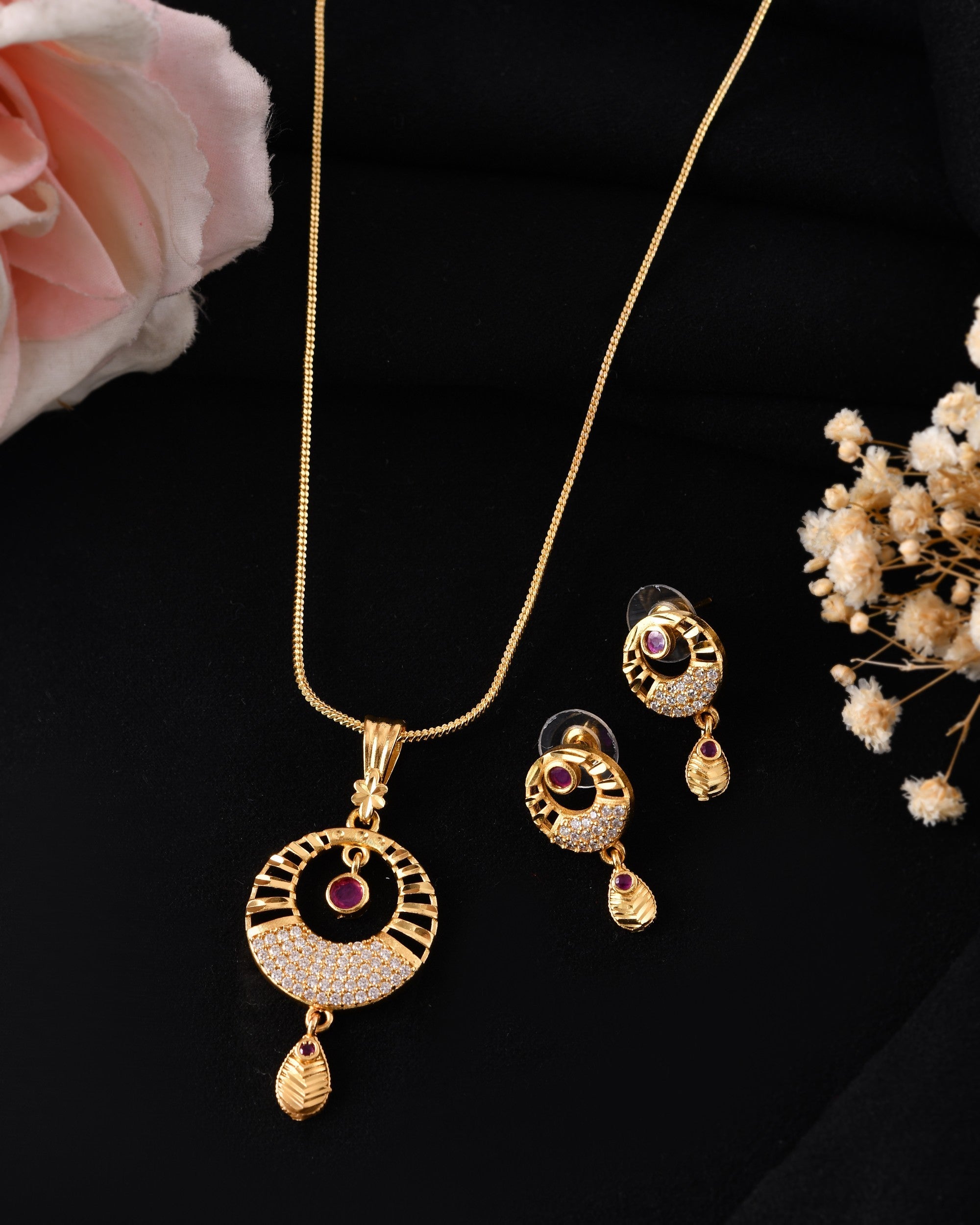 VOJ Gold Polished Circular Pendant With Chain And Earrings Set | Grocsy