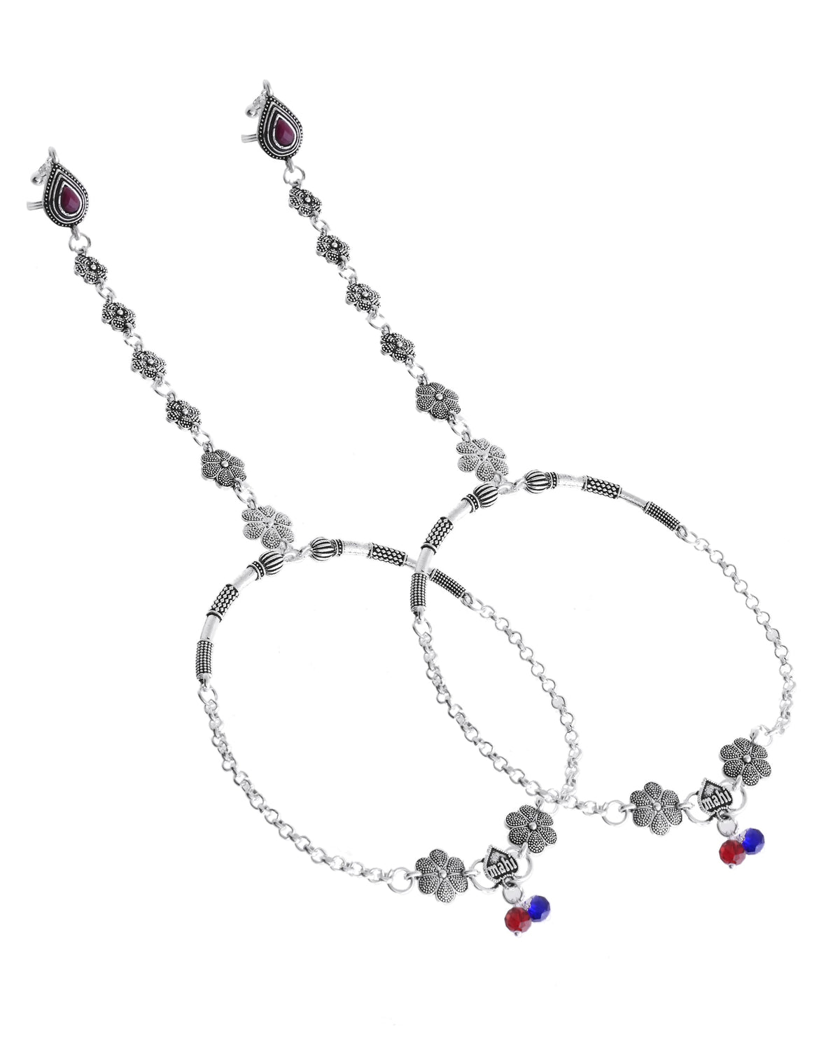 VOJ Set Of 2 Silver-Plated Stainless Steel Floral Shape Anklet With Toe Ring | Grocsy