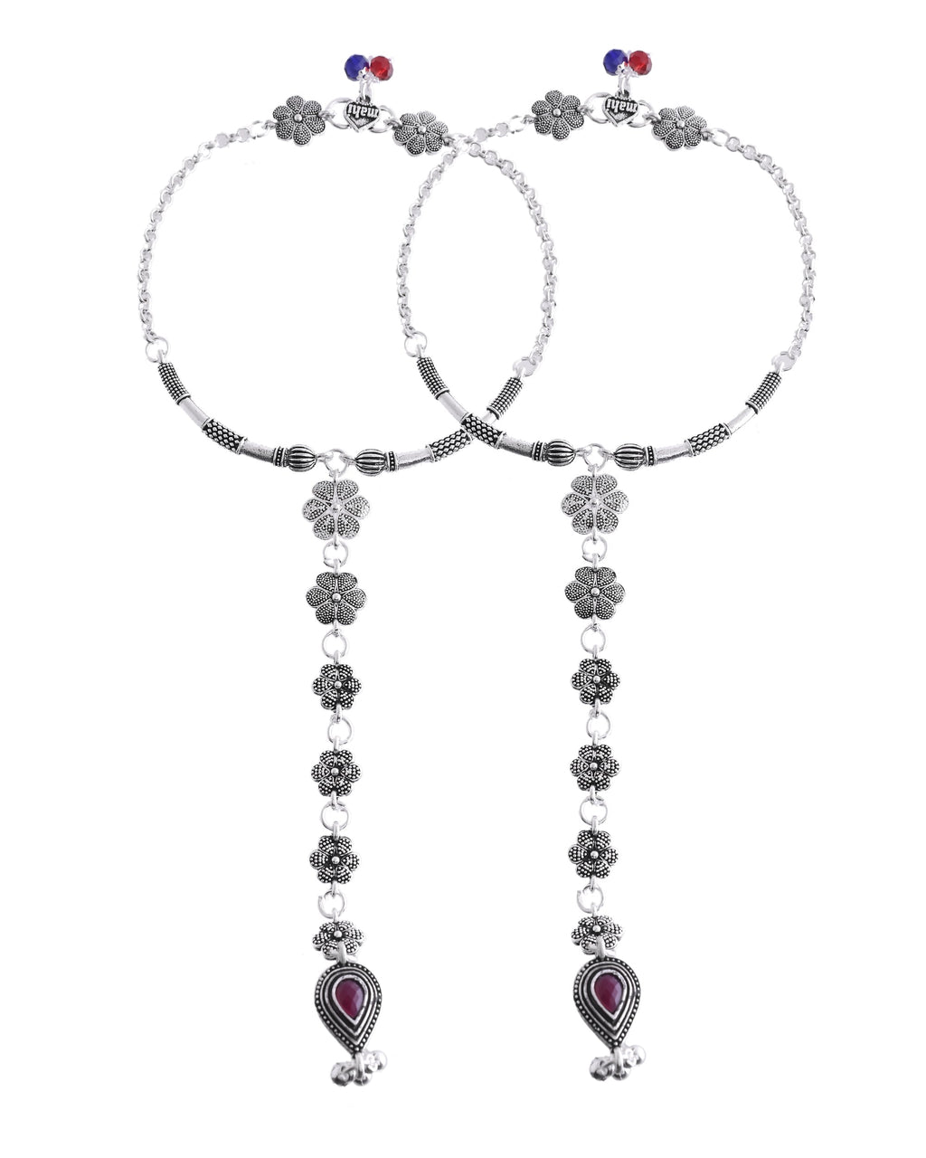 VOJ Set Of 2 Silver-Plated Stainless Steel Floral Shape Anklet With Toe Ring | Grocsy